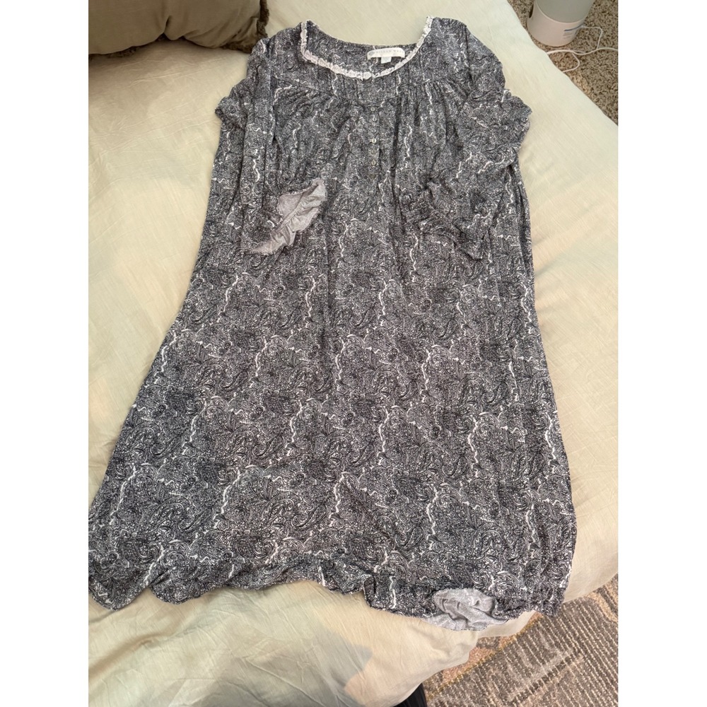 Eileen West Paisley‎ Print Long Sleeve Button Front Nightgown Black White Large